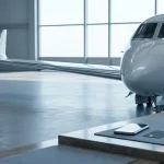 A sleek unmarked private jet in a daylight hangar, with a payment counter and a phone in the foreground
