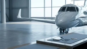 A sleek unmarked private jet in a daylight hangar, with a payment counter and a phone in the foreground