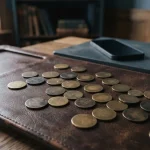 Antique brass jetons spread on a dark leather counting board, with a smartphone and hardware wallet on a cashier counter