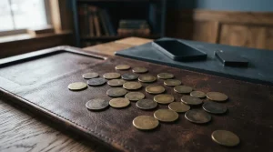 Antique brass jetons spread on a dark leather counting board, with a smartphone and hardware wallet on a cashier counter