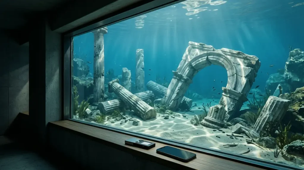 Sunken marble columns on the seabed seen through an underwater window, with a hardware wallet and smartphone
