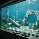 Sunken marble columns on the seabed seen through an underwater window, with a hardware wallet and smartphone