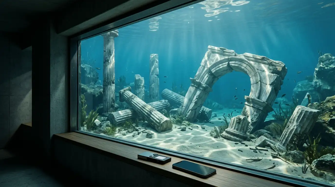 Sunken marble columns on the seabed seen through an underwater window, with a hardware wallet and smartphone