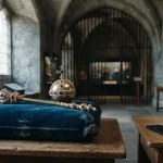 Gilded sceptre and jewelled orb on a velvet cushion, with a smartphone and payment cards on a desk