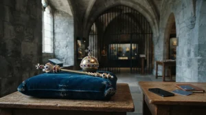 Gilded sceptre and jewelled orb on a velvet cushion, with a smartphone and payment cards on a desk