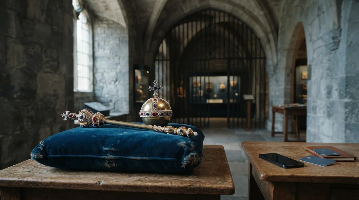 Gilded sceptre and jewelled orb on a velvet cushion, with a smartphone and payment cards on a desk
