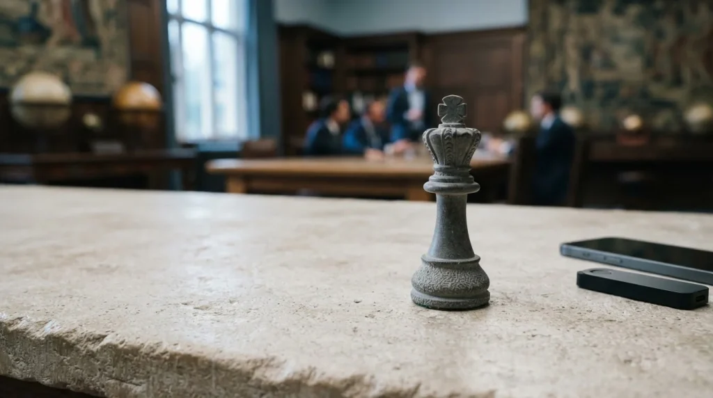 Carved stone chess king on a pale desk beside a discreet phone and hardware wallet in cool daylight