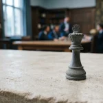 Carved stone chess king on a pale desk beside a discreet phone and hardware wallet in cool daylight