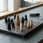 Carved wooden hnefatafl board with a tall king piece at the centre, with a hardware wallet and payment cards behind