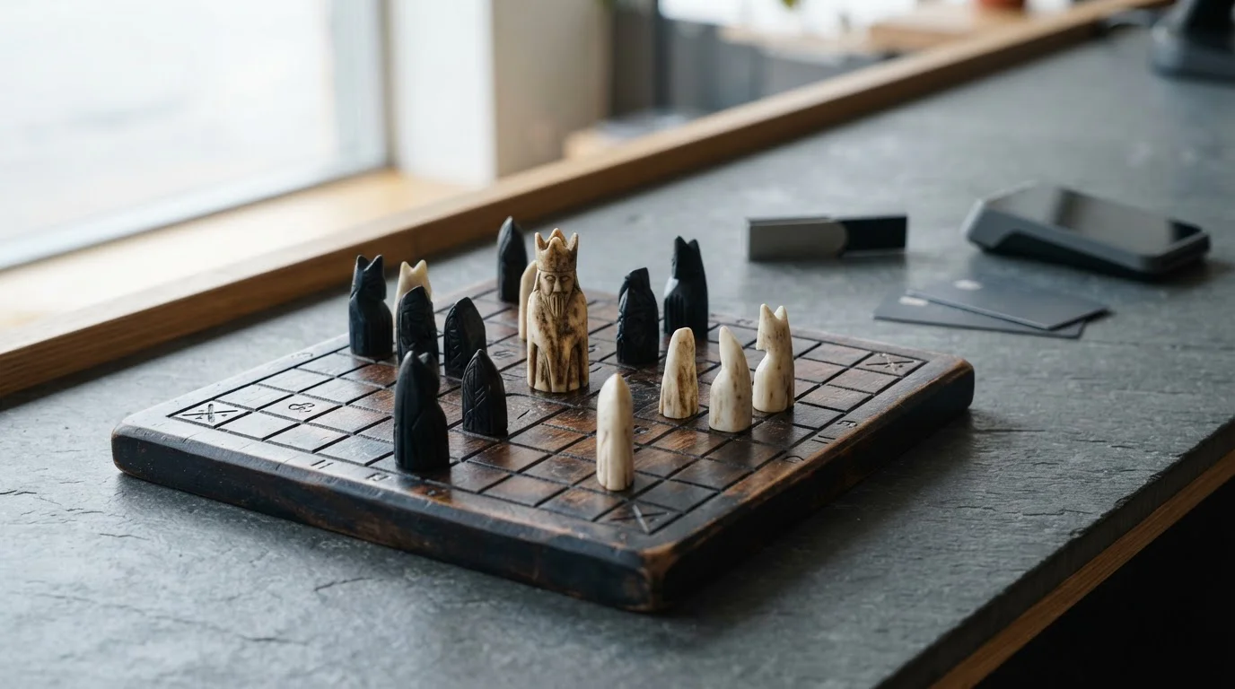 Carved wooden hnefatafl board with a tall king piece at the centre, with a hardware wallet and payment cards behind