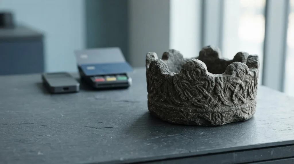 A weathered stone crown on a slate counter with a small hardware wallet and payment cards in the background