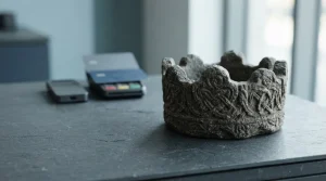 A weathered stone crown on a slate counter with a small hardware wallet and payment cards in the background