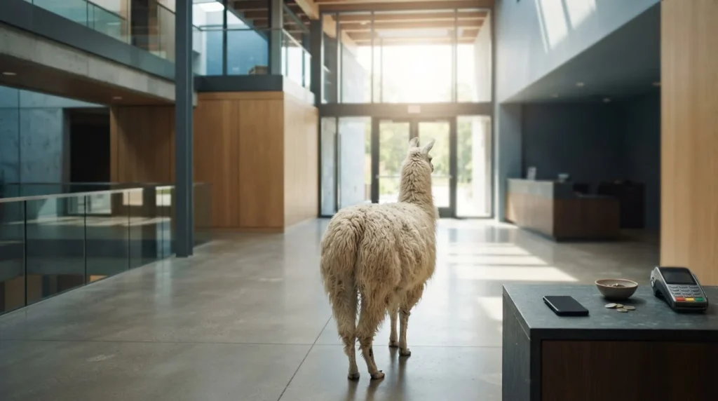 A woolly llama viewed from behind in a bright slate-toned atrium with a discreet payment counter in the distance