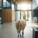 A woolly llama viewed from behind in a bright slate-toned atrium with a discreet payment counter in the distance