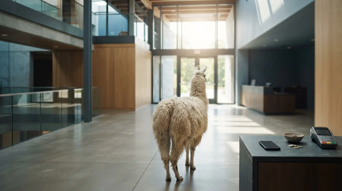 A woolly llama viewed from behind in a bright slate-toned atrium with a discreet payment counter in the distance
