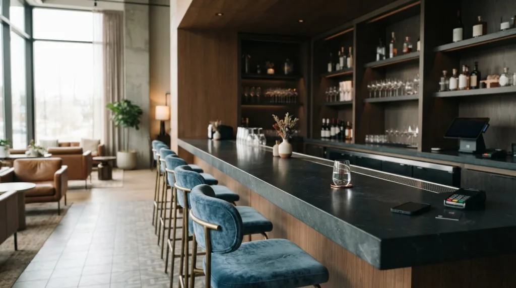A quiet contemporary lounge bar with blue upholstered stools and an understated card payment counter in daylight