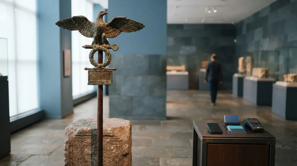 Bronze Roman eagle standard with outstretched wings on a stone plinth, with a smartphone and payment cards by a counter