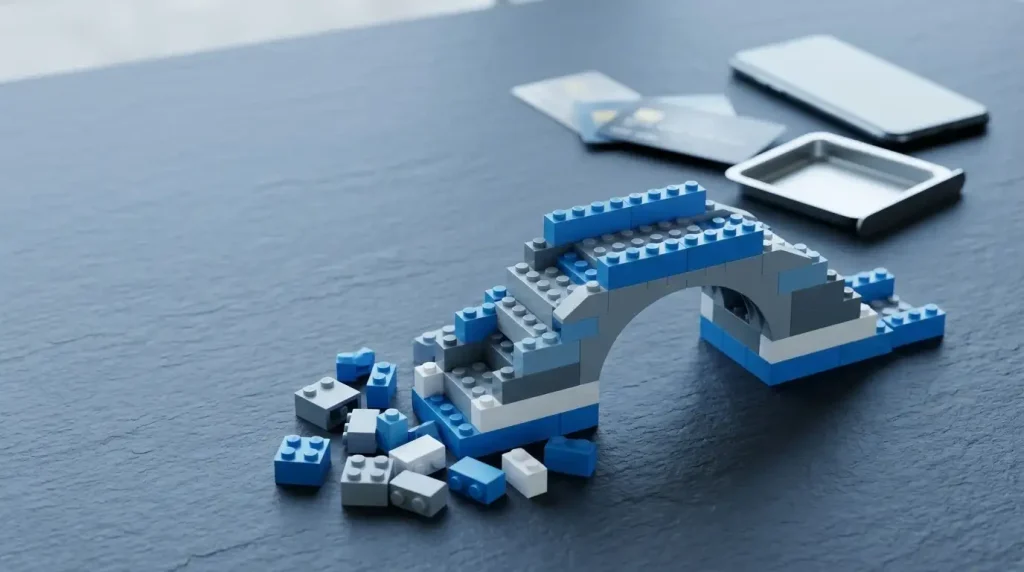 Half-built bridge of plain interlocking toy bricks on a slate table, with payment cards sliding toward a cashier tray