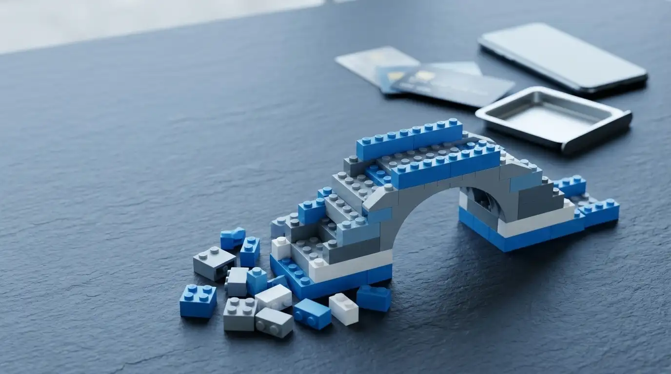 Half-built bridge of plain interlocking toy bricks on a slate table, with payment cards sliding toward a cashier tray