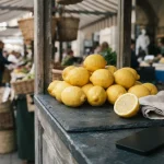 Fresh lemons in a slate-blue market stall with a phone and payment card resting discreetly beside the fruit