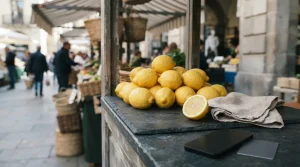 Fresh lemons in a slate-blue market stall with a phone and payment card resting discreetly beside the fruit
