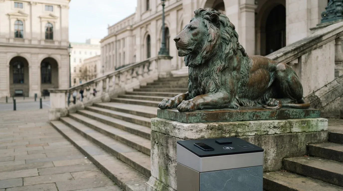 Bronze lion statue on a stone pedestal above civic steps, with a smartphone and hardware wallet on a kiosk counter