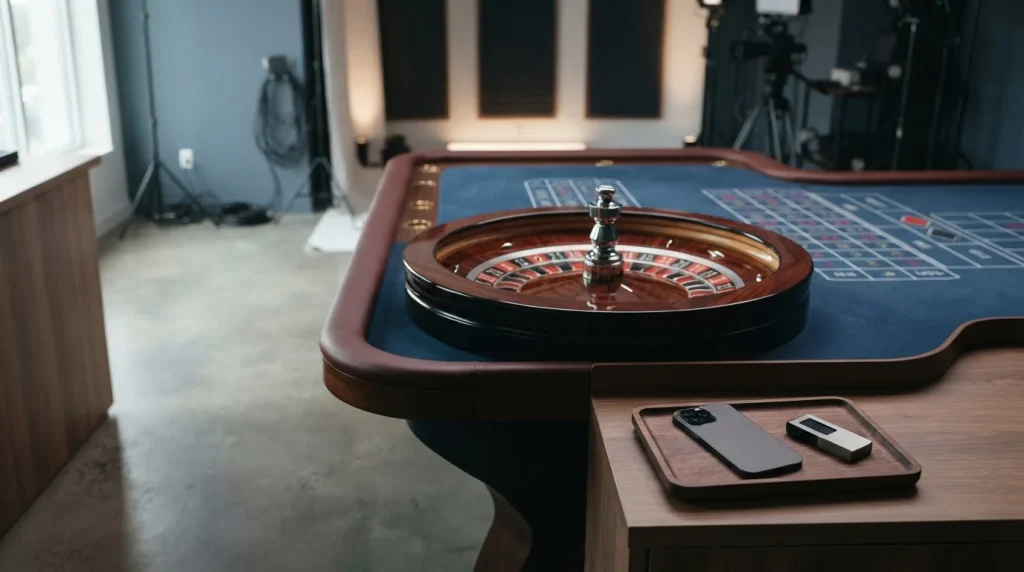 An empty live roulette studio with a polished wheel and a discreet hardware wallet beside a phone in the foreground