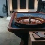 An empty live roulette studio with a polished wheel and a discreet hardware wallet beside a phone in the foreground