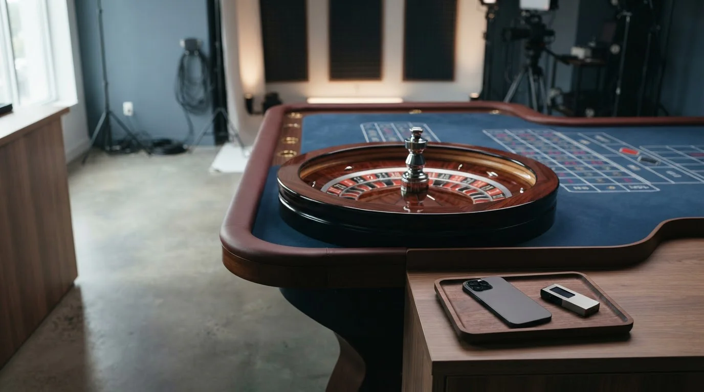 An empty live roulette studio with a polished wheel and a discreet hardware wallet beside a phone in the foreground
