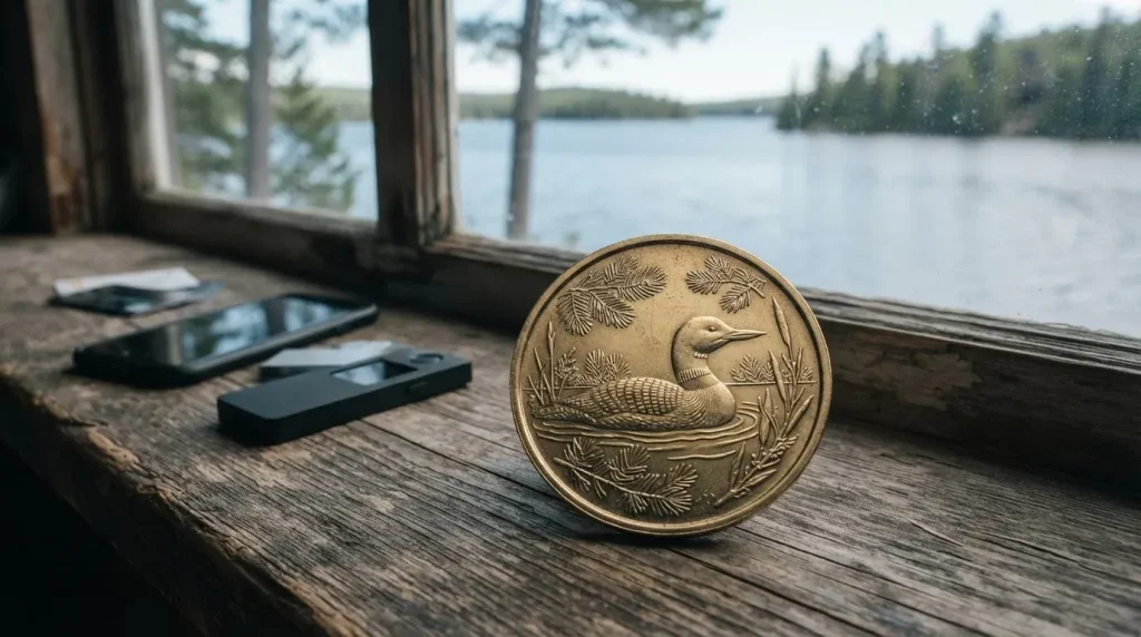 A gold-toned coin embossed with a loon beside a lakeside counter, with a phone and payment cards behind it