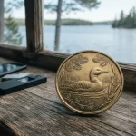 A gold-toned coin embossed with a loon beside a lakeside counter, with a phone and payment cards behind it