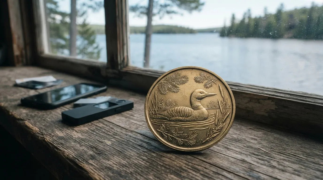 A gold-toned coin embossed with a loon beside a lakeside counter, with a phone and payment cards behind it