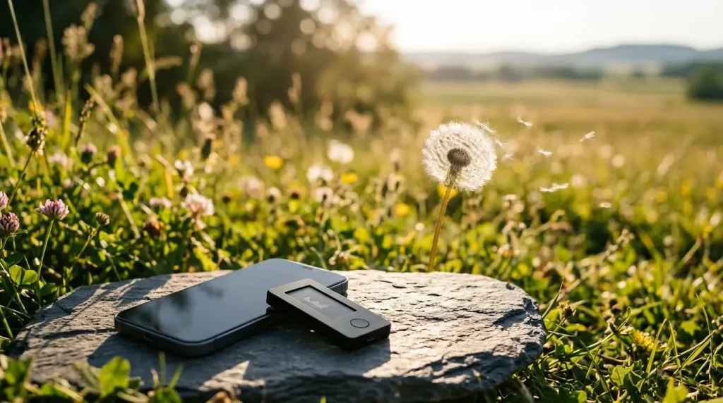White dandelion seed head with seeds drifting in a meadow, with a smartphone and hardware wallet on a slate stone