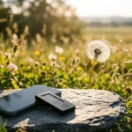White dandelion seed head with seeds drifting in a meadow, with a smartphone and hardware wallet on a slate stone