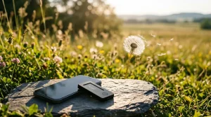 White dandelion seed head with seeds drifting in a meadow, with a smartphone and hardware wallet on a slate stone