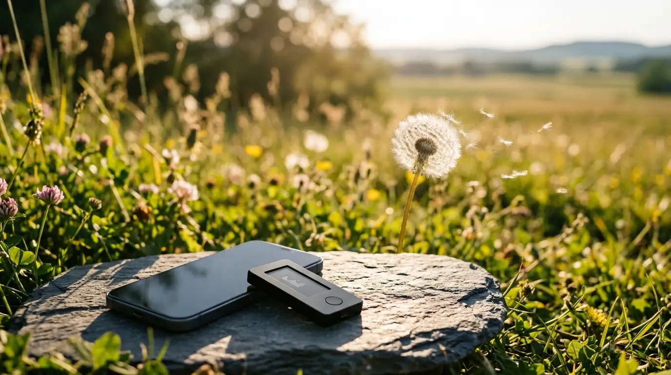 White dandelion seed head with seeds drifting in a meadow, with a smartphone and hardware wallet on a slate stone