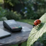 Red ladybird on a dewy green leaf, with a smartphone and card terminal on a slate garden table behind