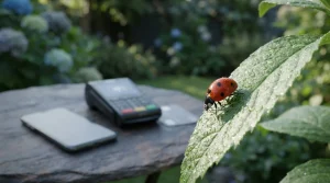 Red ladybird on a dewy green leaf, with a smartphone and card terminal on a slate garden table behind