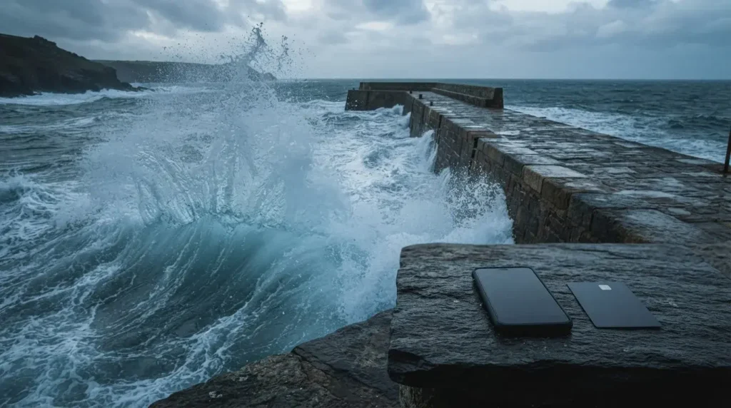 A blue ocean swell breaking beside a stone pier, with a phone and payment card on a nearby slate counter