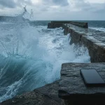 A blue ocean swell breaking beside a stone pier, with a phone and payment card on a nearby slate counter