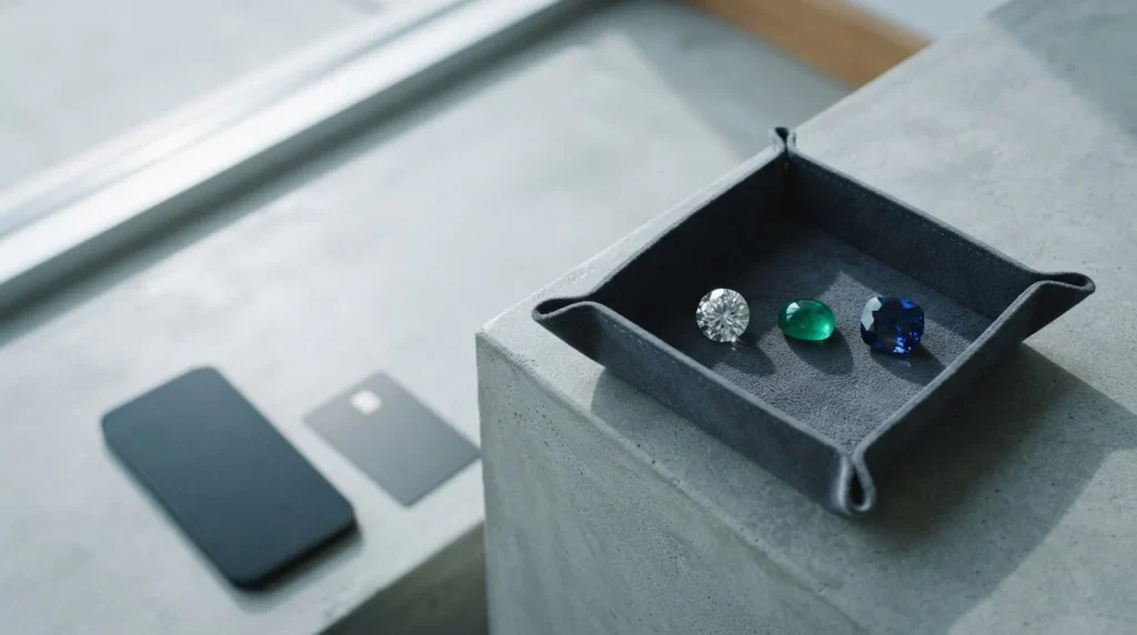 Polished gemstones on a slate jeweller