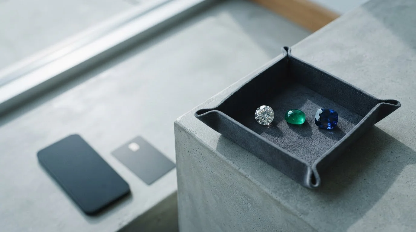 Polished gemstones on a slate jeweller's tray, with a phone and payment card softly out of focus behind them