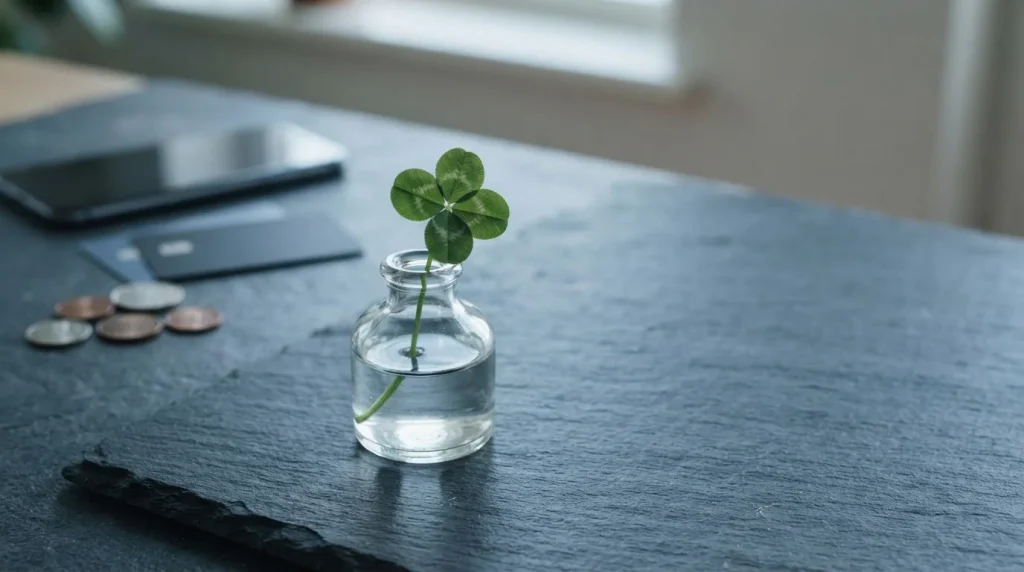 A fresh four-leaf clover on a slate countertop with a mobile phone and payment cards in soft daylight