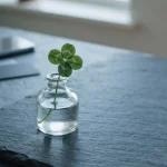 A fresh four-leaf clover on a slate countertop with a mobile phone and payment cards in soft daylight