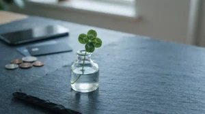 A fresh four-leaf clover on a slate countertop with a mobile phone and payment cards in soft daylight