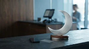 Silver crescent moon sculpture on a slate counter with a smartphone and payment card in a daylight-lit payment studio
