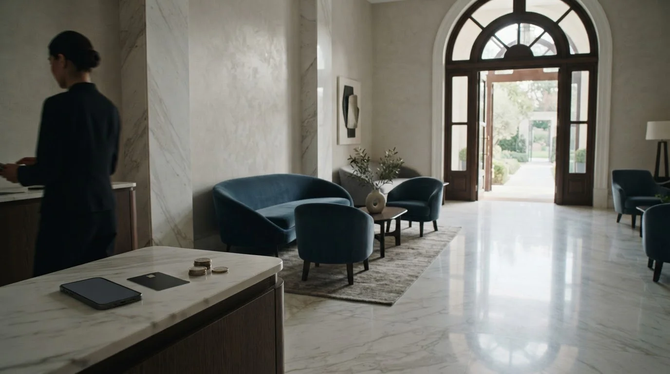 An elegant marble lounge with a discreet cashier counter and a phone beside an unmarked payment card