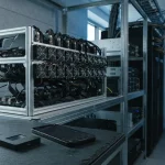 Open-frame mining rig with cooling fans on a steel rack, with a hardware wallet and smartphone