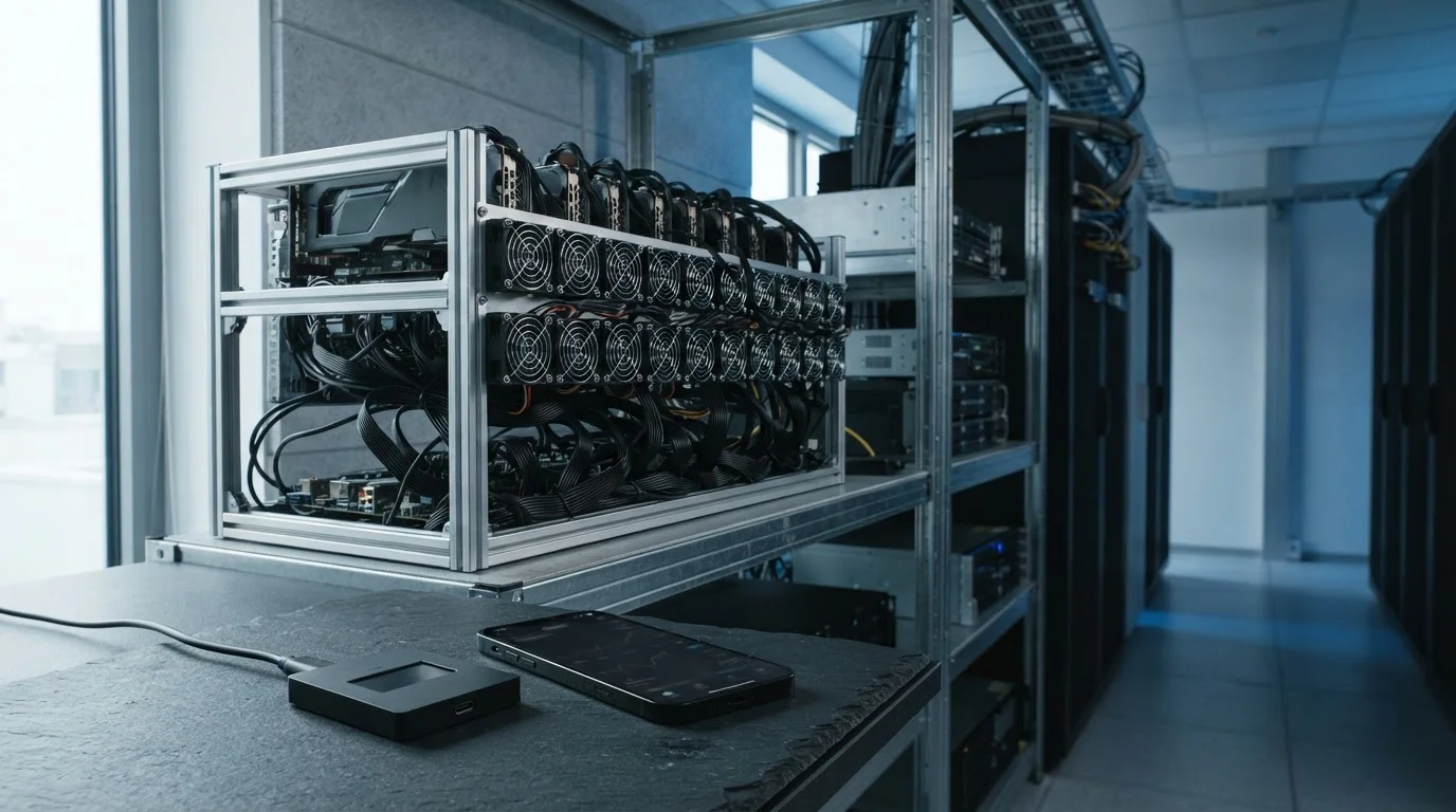 Open-frame mining rig with cooling fans on a steel rack, with a hardware wallet and smartphone
