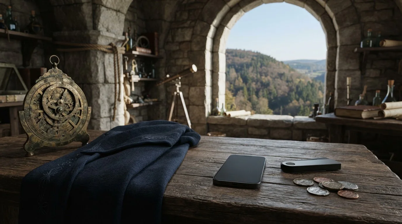 A weathered stone wizard's observatory with a brass astrolabe, and a smartphone beside coins on a nearby desk